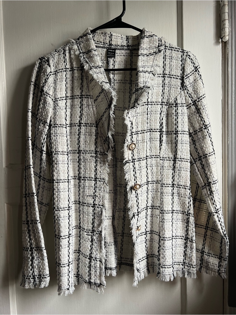 SHEIN Cream & Black Plaid Tweed Frayed-Edge Blazer